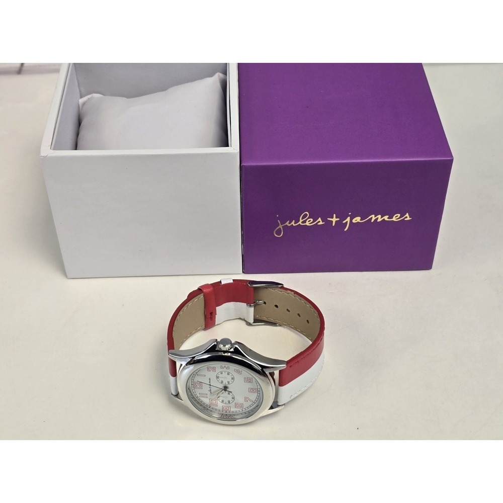 Jules And James Red/White Band Silver‎ Tone White Dial Wrist Watch JJ1234 NWT